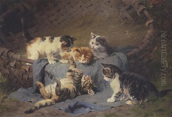 Katzengluck - Funf Spielende Katzchen In Einem Korb Oil Painting by Julius Adam the Younger