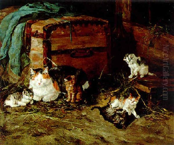 Katzenmutter Mit Ihren Funf Katzchen Im Stall Oil Painting by Julius Adam the Younger