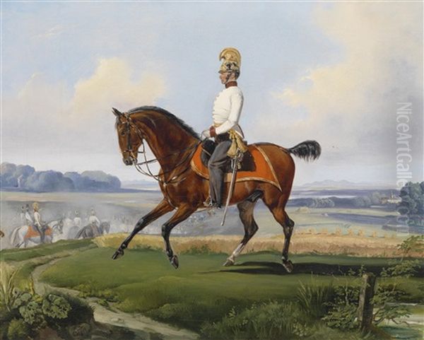 Oberleutnant Theodor V. Klein (zehlendorf 1803-1863 Geltschberg) In Der Uniform Des K. K. Dragonerregimentes Nr. 3 Auf Einem Ubungsritt Oil Painting by Albrecht Adam