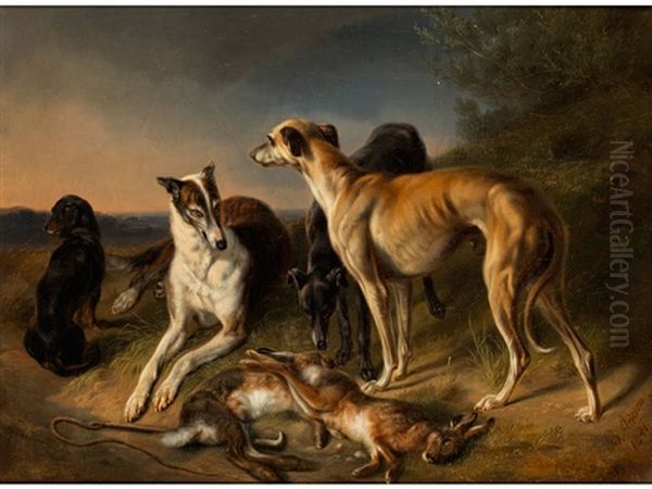 Jagdstillleben Mit Windhunden Und Hasen Oil Painting by Benno Adam