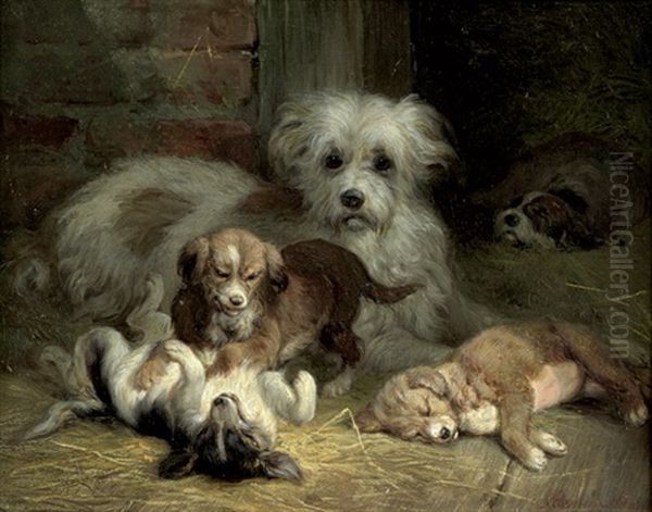 Hundefamilie Mit Spielenden Und Schlafenden Welpen Oil Painting by Benno Adam