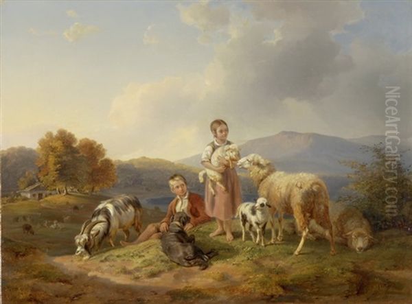 Madchen Und Knabe Mit Hirtenhund, Ziege Und Schafen Oil Painting by Benno Adam