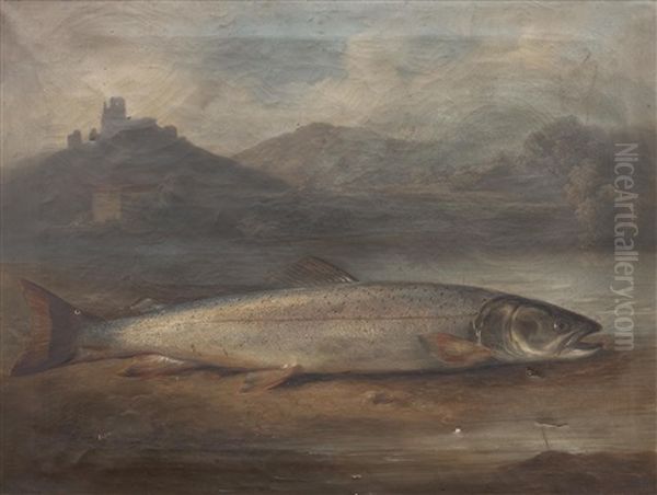 Specimen Salmon On A Riverbank Within A Landscape Oil Painting by Benno Adam