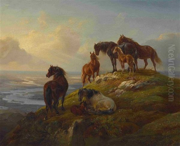 Pferde Auf Der Hochalm Oil Painting by Benno Adam