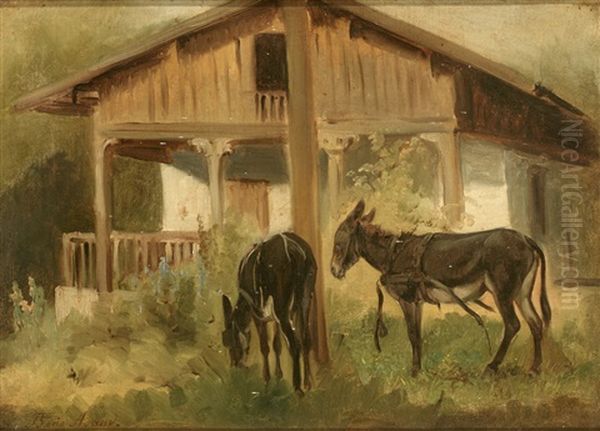 Zwei Ausgespannte Esel Vor Landlichem Anwesen Oil Painting by Benno Adam