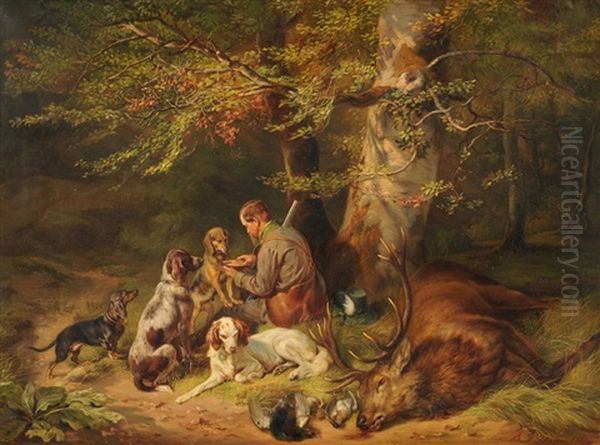Jager Und Hunde Mit Erlegtem Wild Oil Painting by Benno Adam