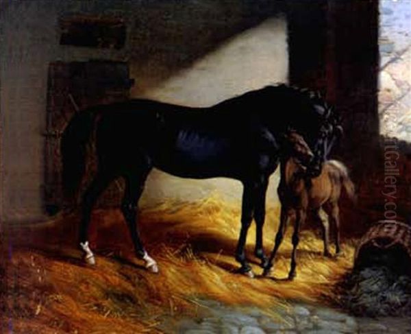 Pferd Und Fohlen In Der Stallung Balz Oil Painting by Benno Adam