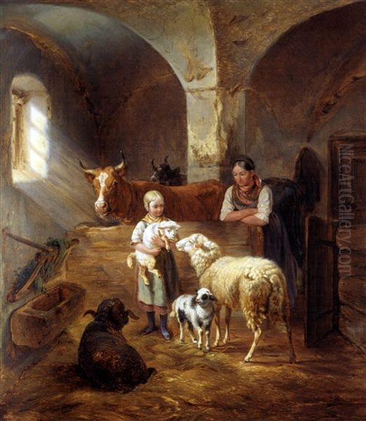 Im Stall Oil Painting by Benno Adam