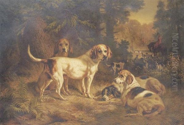 Hounds Resting In A Woodland Clearing With A Huntsman Beyond Oil Painting by Benno Adam