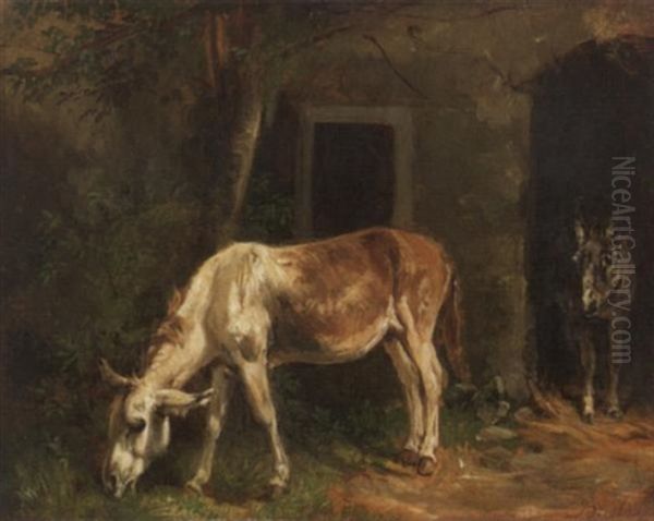 Zwei Esel Vor Dem Stall Oil Painting by Benno Adam