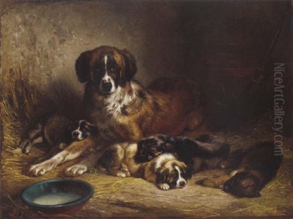 A Bernese Mountain Dog With Its Litter Oil Painting by Benno Adam