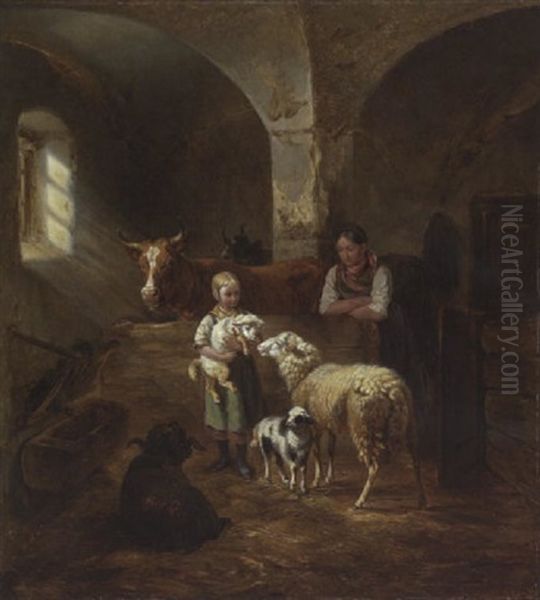 Stallgewolbe Mit Tieren Oil Painting by Benno Adam