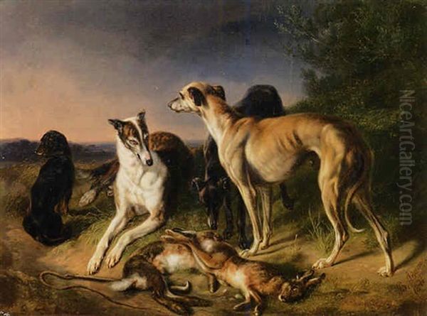 Levrieri, Bassotti E Lepri Oil Painting by Benno Adam