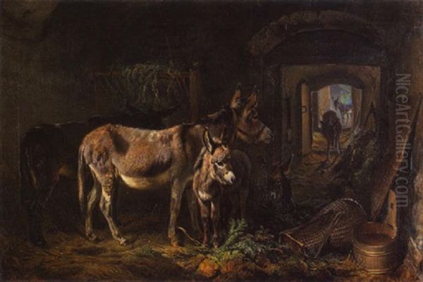 Maultiere Im Stall Oil Painting by Benno Adam
