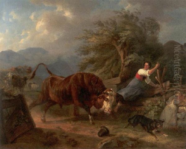 Flucht Vor Dem Sturmenden Bullen Oil Painting by Benno Adam