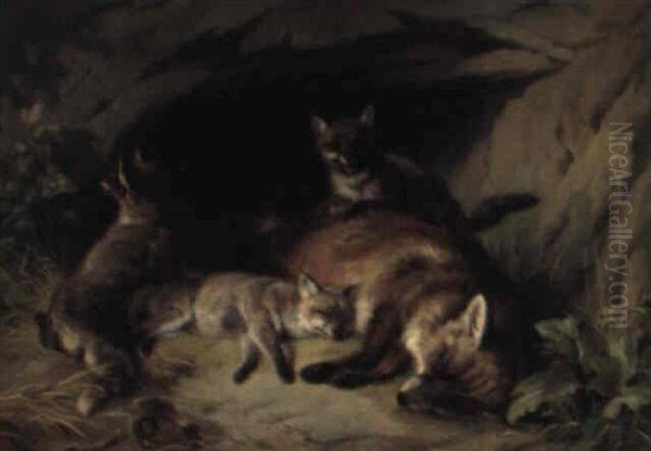 A Vixen And Her Cubs Oil Painting by Benno Adam