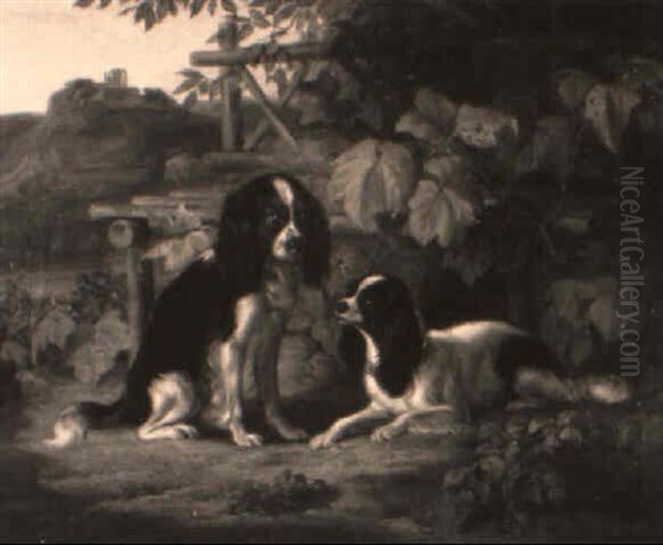 Zwei Hunde In Einer Weinlaube Oil Painting by Benno Adam
