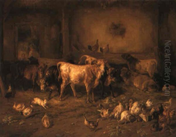 Cattle, Chickens And Ducks In A Barn Oil Painting by Benno Adam