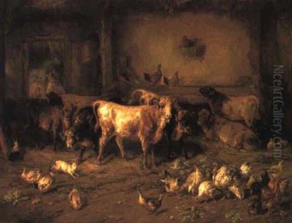 Kuhe Und Federvieh In Einem Stall Oil Painting by Benno Adam