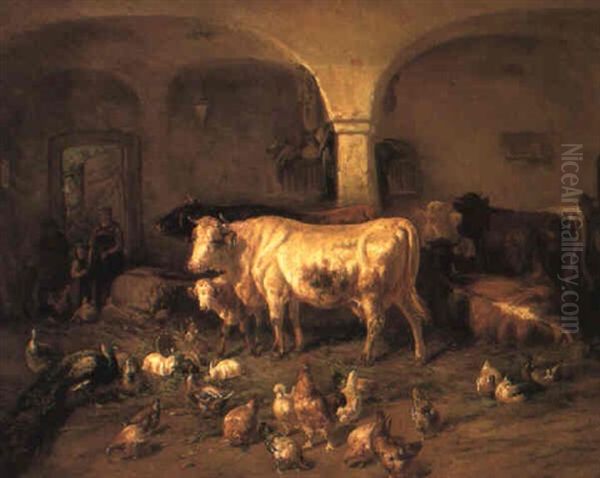 Horn- Und Federvieh In Einem Stall Oil Painting by Benno Adam