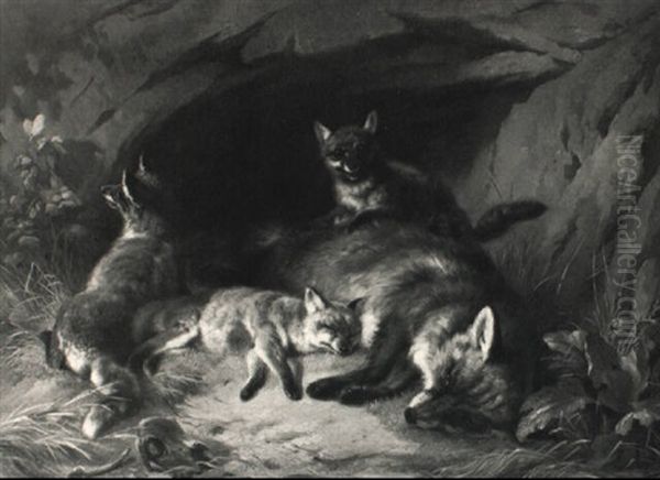 Fuchsf,he Mit Jungfuchsen Vor Dem Bau Oil Painting by Benno Adam