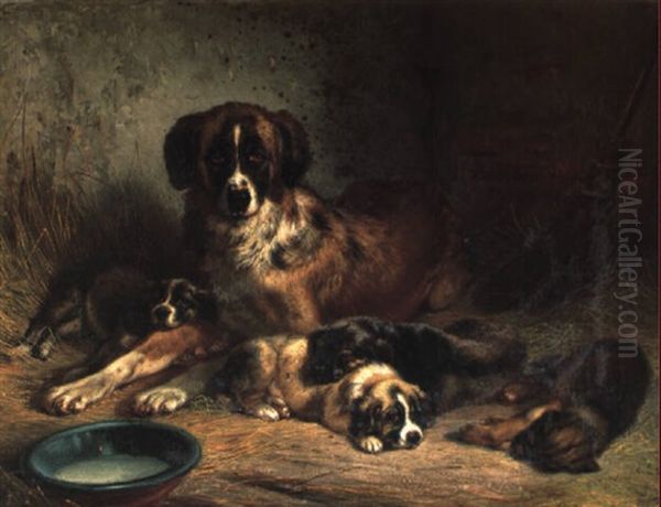 Guarding The Litter Oil Painting by Benno Adam