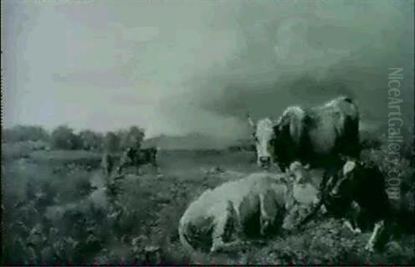 Kuhe An Der Tranke In Vorgebirgslandschaft Oil Painting by Benno Adam