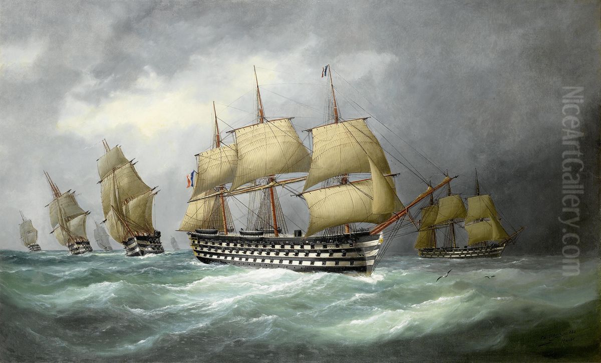 The First French Steam Battlefleet In Formation At Sea Oil Painting by Edouard Adam