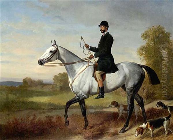 Reiter Auf Einem Schimmel Mit Drei Jagdhunden Oil Painting by Emil Adam