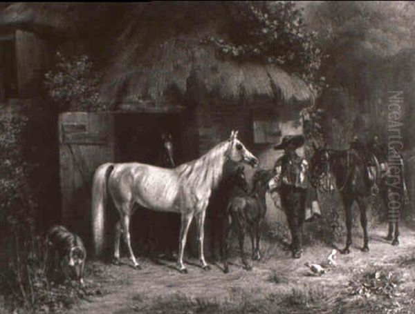 Ungarischer Knecht Mit Pferden Vor Dem Stallgebaude Oil Painting by Emil Adam