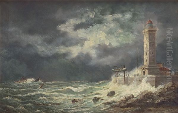 Tempetes Au Havre (2 Works) Oil Painting by Marie-Edouard Adam Of Le Havre