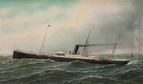 Le Patpia En Mer Battant Pavillon Francais Oil Painting by Marie-Edouard Adam Of Le Havre