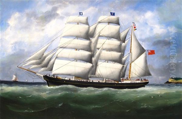 The Barque Ifafa Under Full Sail Leaving Le Havre Oil Painting by Marie-Edouard Adam Of Le Havre
