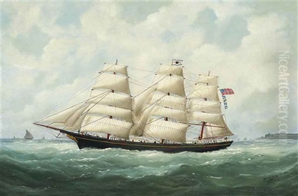 The American Ship Olive S Southard Of San Francisco In French Waters Off Le Havre Oil Painting by Marie-Edouard Adam Of Le Havre