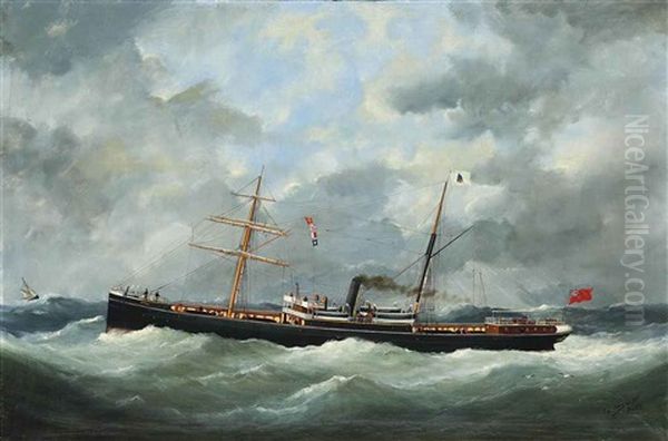 R. Bell & Co.s Steamship Bothal In A Heavy Swell Oil Painting by Marie-Edouard Adam Of Le Havre