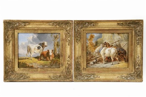 A Pair Of Miniature Barnyard Scenes Oil Painting by Victor Adam