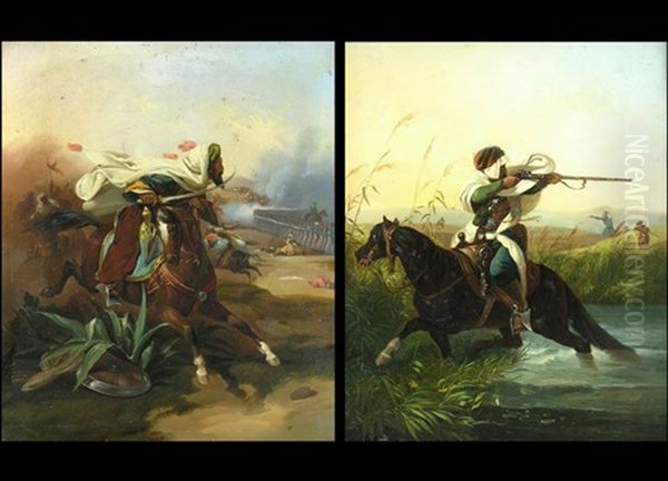 Araber Zu Pferd Mit Sabel (+ Araber Zu Pferd Mit Gewehr; Pair) Oil Painting by Victor Adam