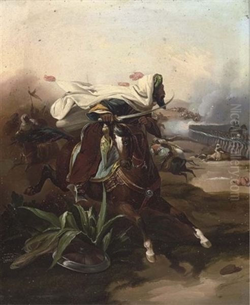 An Arab Cavalry Charge (+ A Pot-shot On The Retreat; Pair) Oil Painting by Victor Adam
