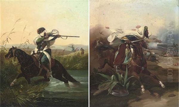 An Arab Cavalry Charge (+ A Pot-shot On The Retreat; Pair) Oil Painting by Victor Adam