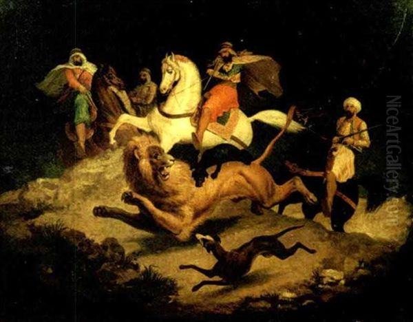 Caccia Al Leone (+ Due Cavalli, Lithograph, Verso) Oil Painting by Victor Adam