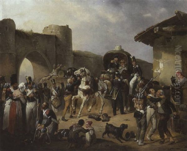 Franzosische Linieninfanterie Aus Der Zeit Der Napoleonischen Kriege Beim Sammeln Zum Abmarsch Aus Dem Quartier Oil Painting by Victor Adam