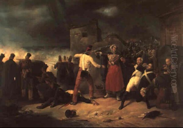 Scene De Revolte Dans Une Rue De Paris Oil Painting by Victor Adam