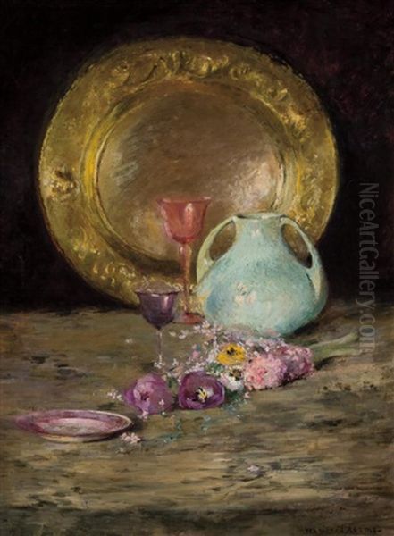 Still Life With Plate, Pitcher And Flowers Oil Painting by Winifred Brady Adams