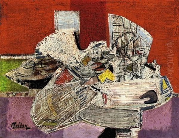 Abstract Composition, Red And Lilac Oil Painting by Jankel Adler