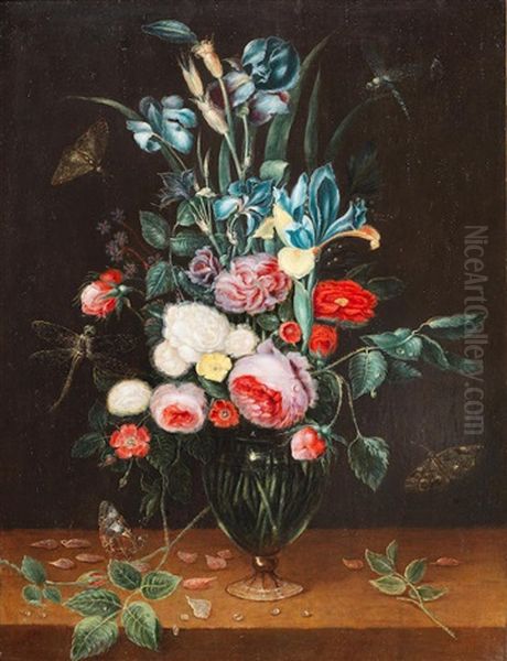 Irises, Roses And Other Flowers In A Glass Vase On A Wooden Table With Butterflies And Dragonflies Oil Painting by Alexander Adriaenssen