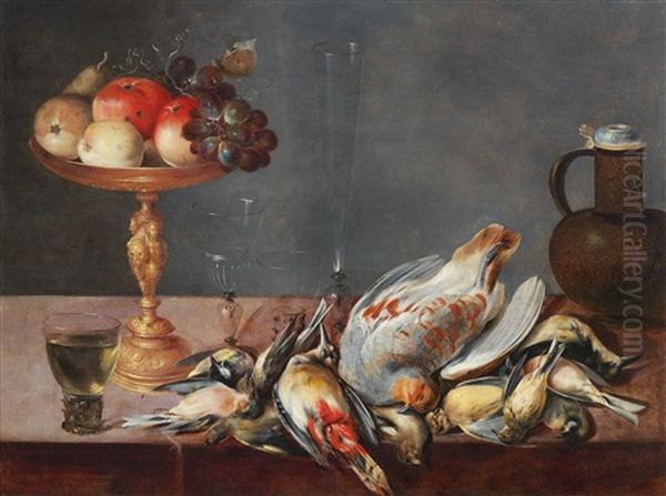 Still Life With A Tazza Of Fruit, Birds, Glasses And A Stoneware Jug Oil Painting by Alexander Adriaenssen