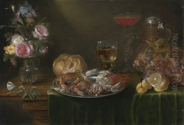A Still Life With A Platter Of Crabs And Shrimp, A Glass Jug Of Flowers, A Roemer And A Long-stemmed Tazza Of Wine, An Earthenware Jug, A Loaf Of Bread, A Bunch Of Grapes And A Half-peeled Lemon Oil Painting by Alexander Adriaenssen
