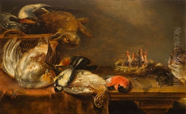 Martwa Natura Z Kotem Czajacym Sie Na Piskleta Oil Painting by Alexander Adriaenssen