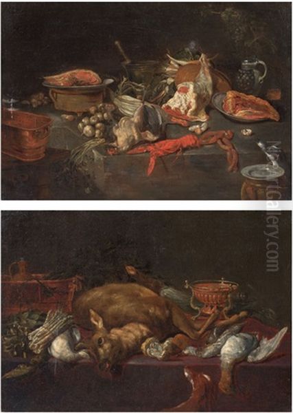 Natura Morta Con Crostacei E Verdure; Natura Morta Con Cacciagione E Verdure (pair) Oil Painting by Alexander Adriaenssen