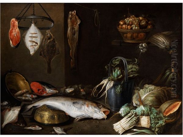 Grosses Stilleben Mit Fischen, Fruchten, Gemuse Sowie Kuchengerat Oil Painting by Alexander Adriaenssen